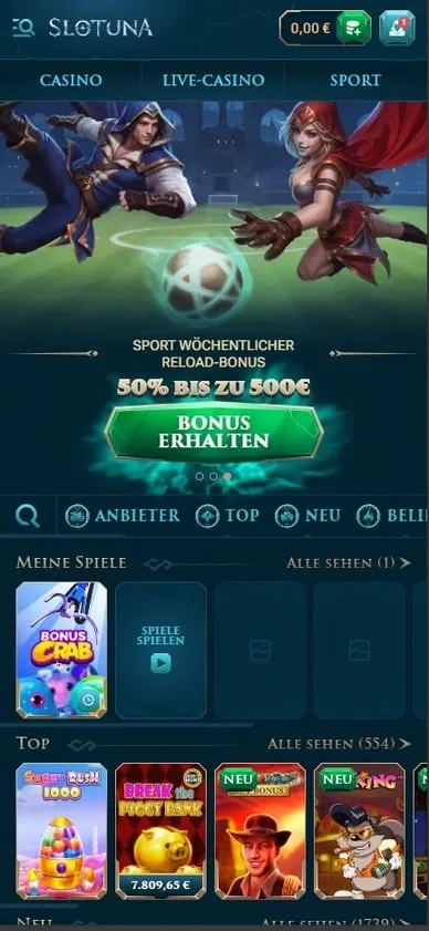 Slotuna Lobby mit Slots und Aktionen