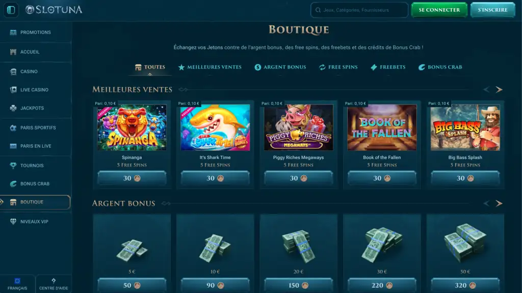 Slotuna Bonus im Spielerkonto – Wallet Ansicht